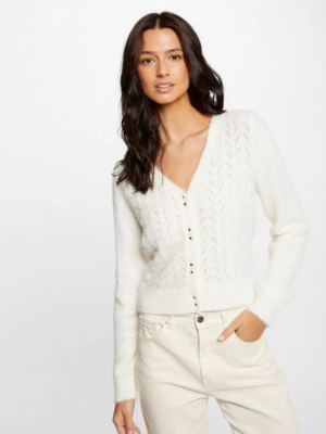 cardigan blanc court col V en fin maille La Redoute