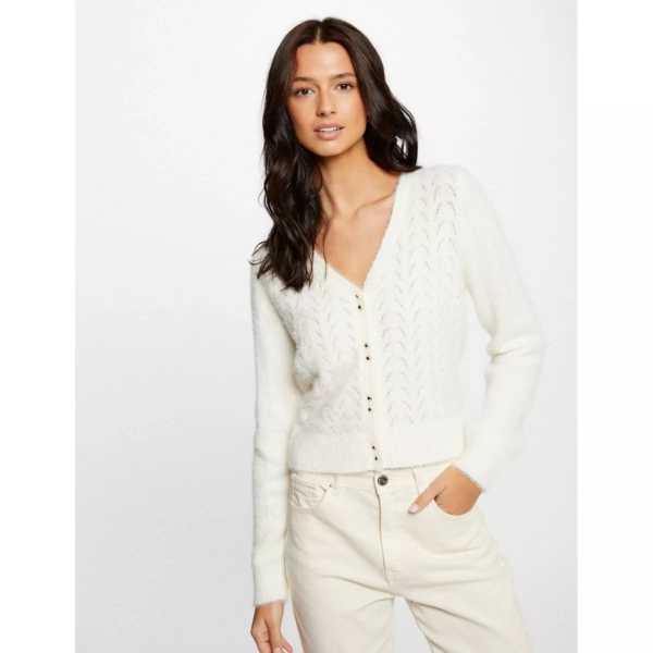 cardigan blanc court col V en fin maille La Redoute